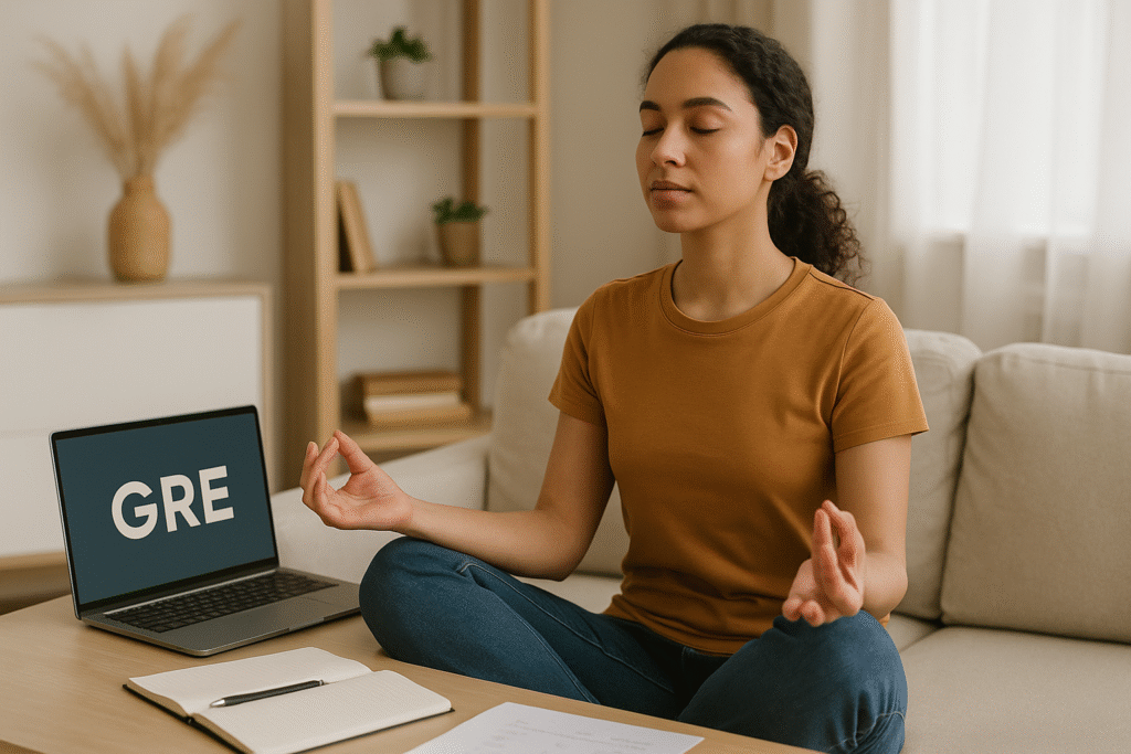 Student practicing mindfulness to prevent burnout during GRE preparation